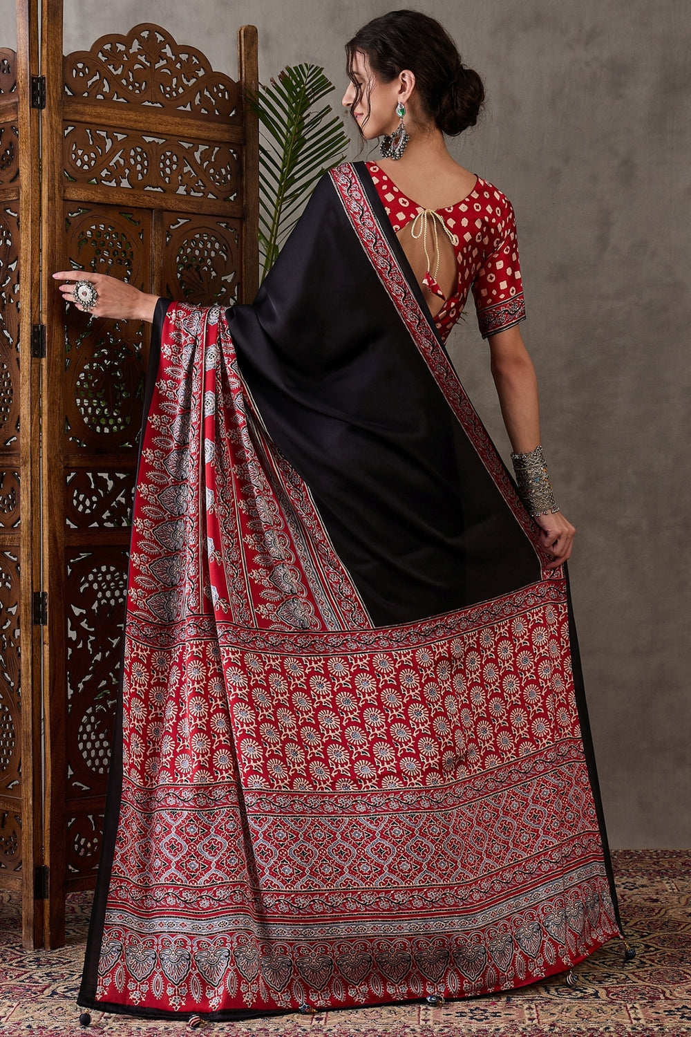 Black Pure Soft Modal Satin Ajrakh Print Satin Saree Japan Satin Saree Anant Tex Exports Pvt.Ltd..