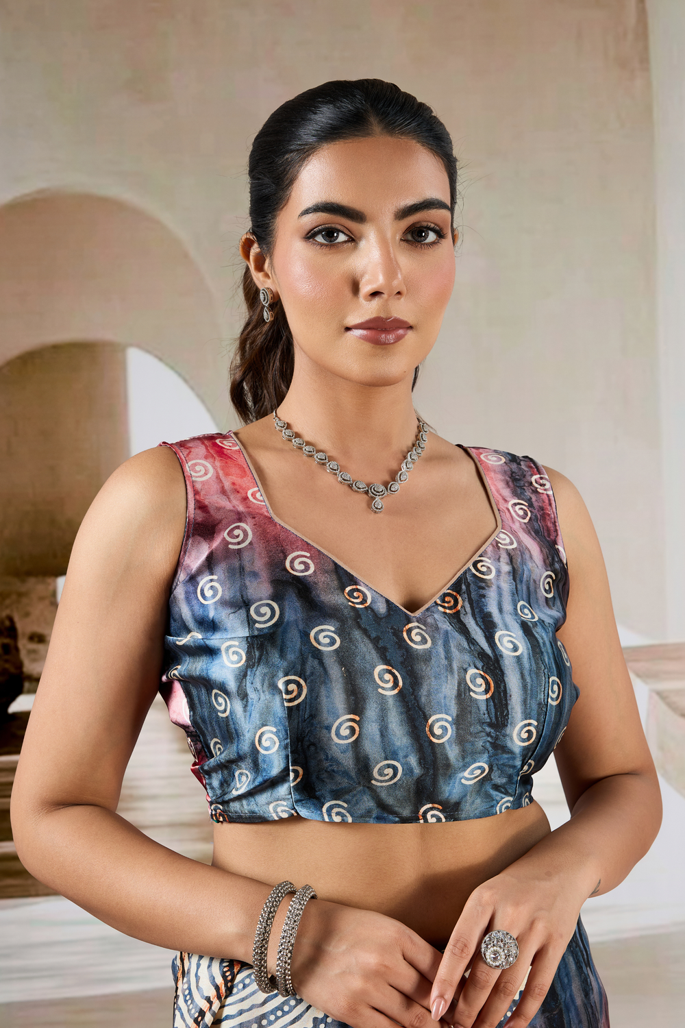Brown Modal Satin Hand Prism Print Saree 