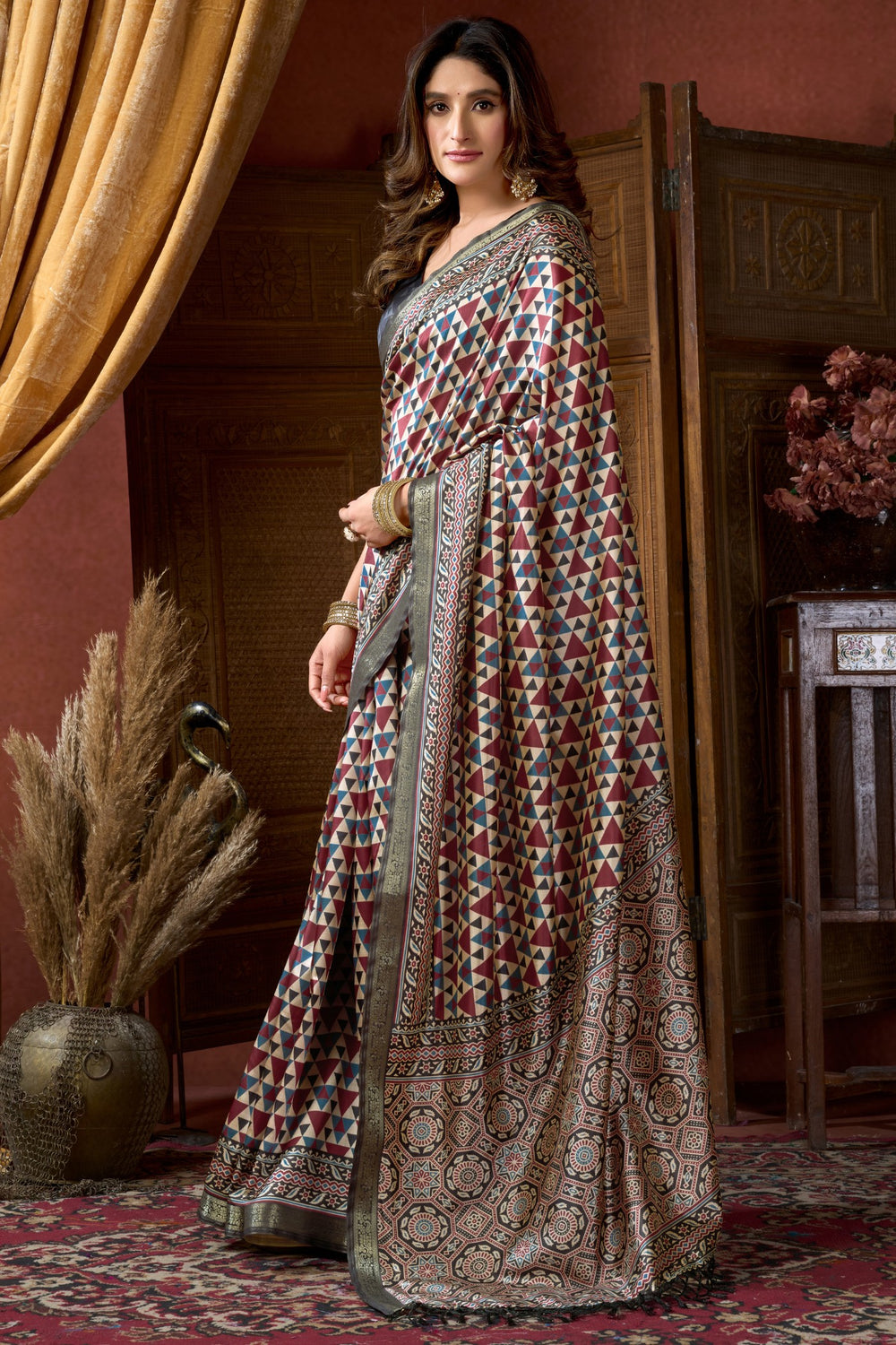 Multicolor White Pure Cluster Silk Ajarkh Digital Printed Saree ##color## Floral Printed Saree with premium fabric and embroidery