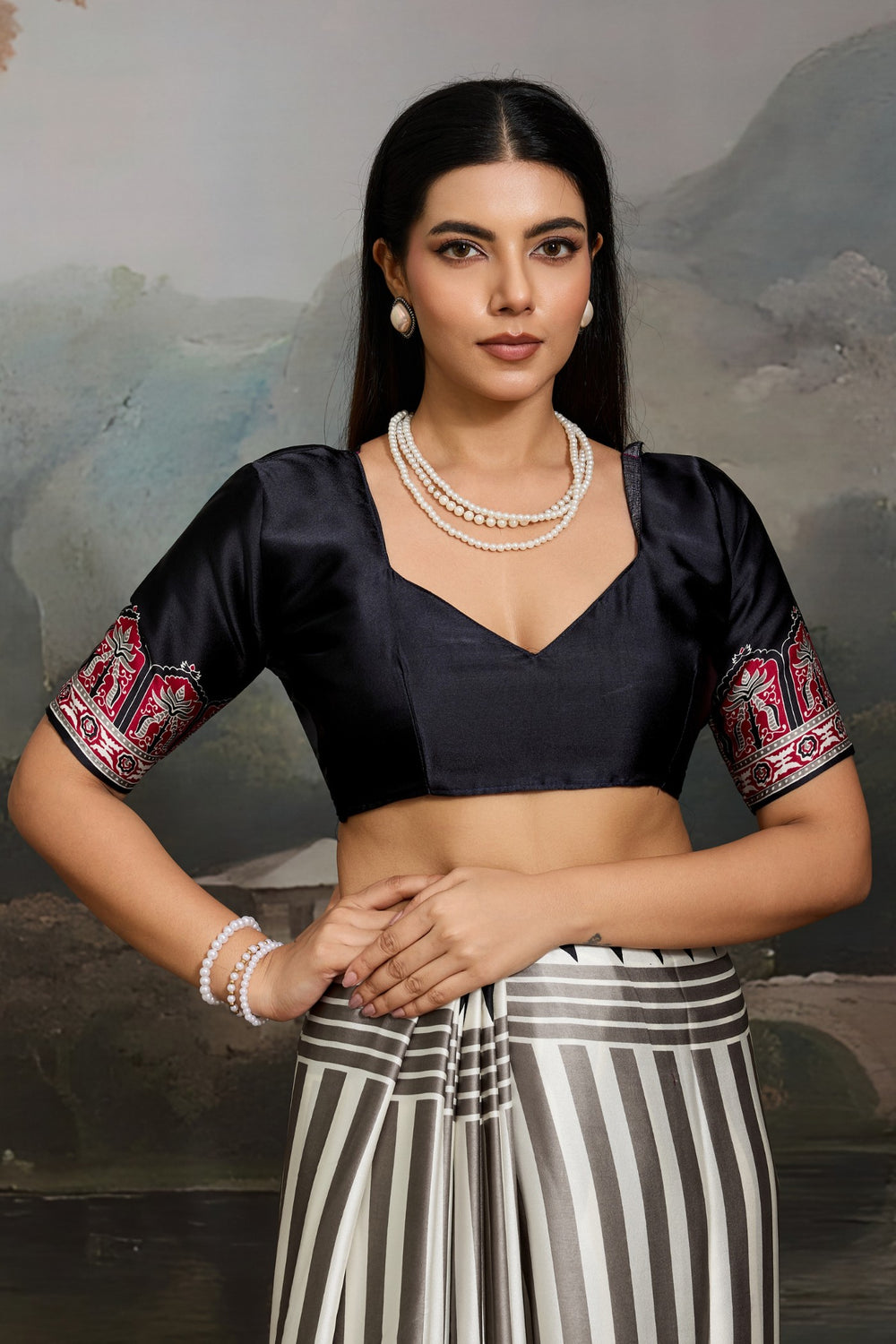 White and Black Pure Ajrakh Printed Satin Crepe Silk Saree ##color## Floral Printed Saree with premium fabric and embroidery