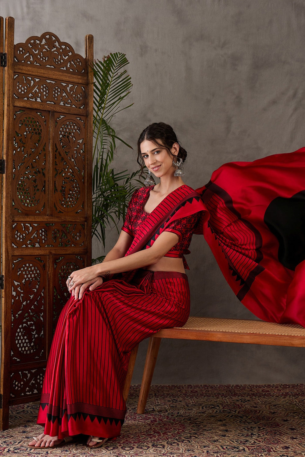 Rose Red Printed Satin Gaji Silk Saree 