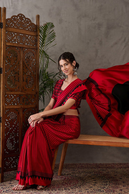Rose Red Printed Satin Gaji Silk Saree 