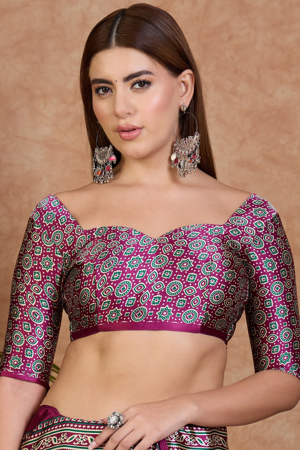 Cream and Purple Pure Soft Modal Satin Ajrakh Print Satin Saree Japan Satin Saree Anant Tex Exports Pvt.Ltd..