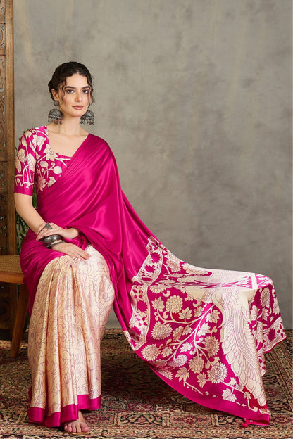 Pink Kalamkari Printed Satin Silk Saree 
