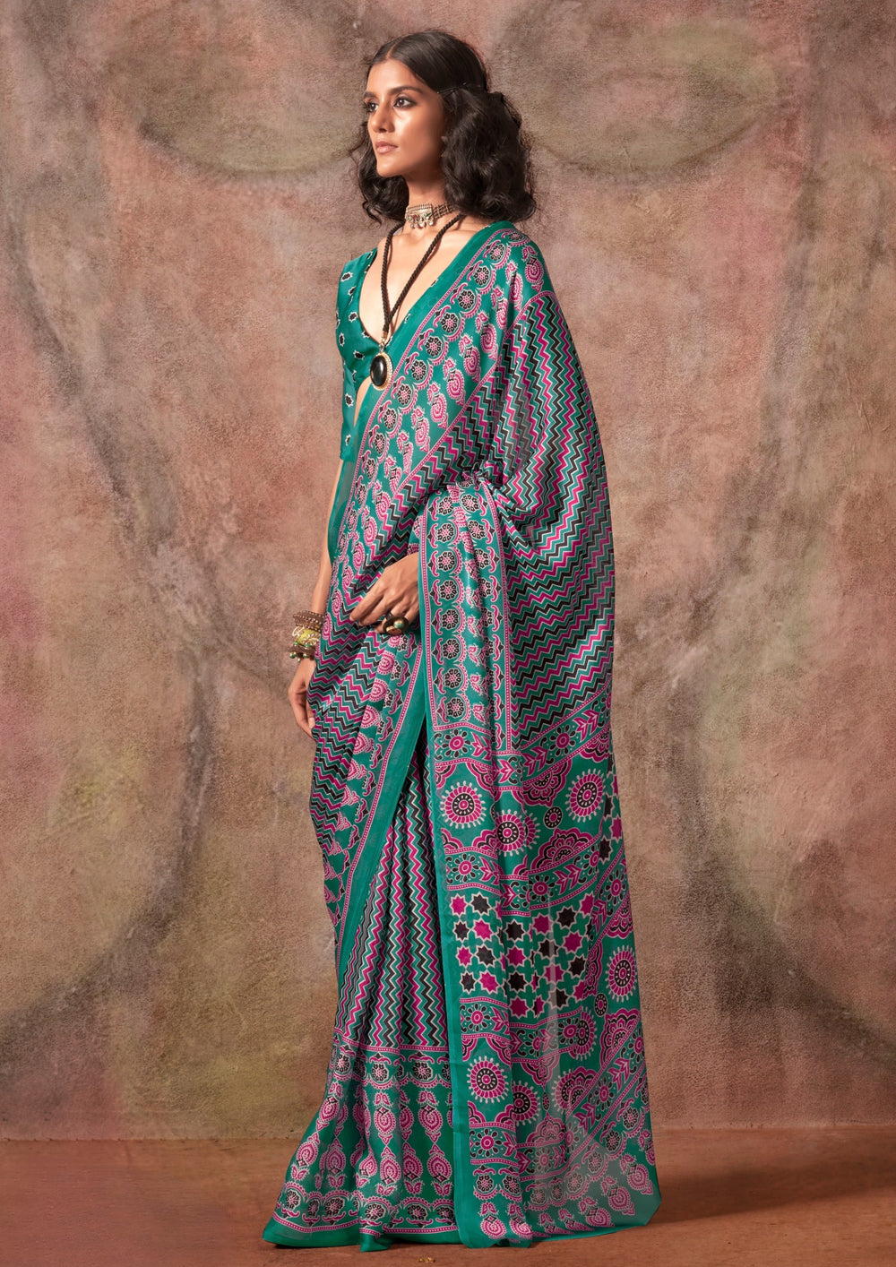 Green Ajrakh Printed Satin Georgette Silk Saree 