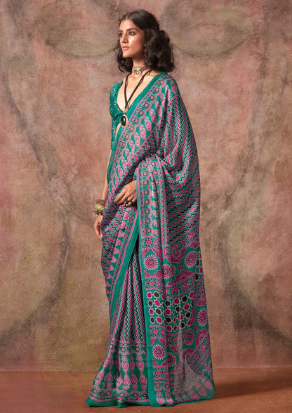 Green Ajrakh Printed Satin Georgette Silk Saree 