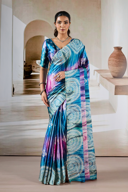 Blue Modal Satin Hand Prism Print Saree 