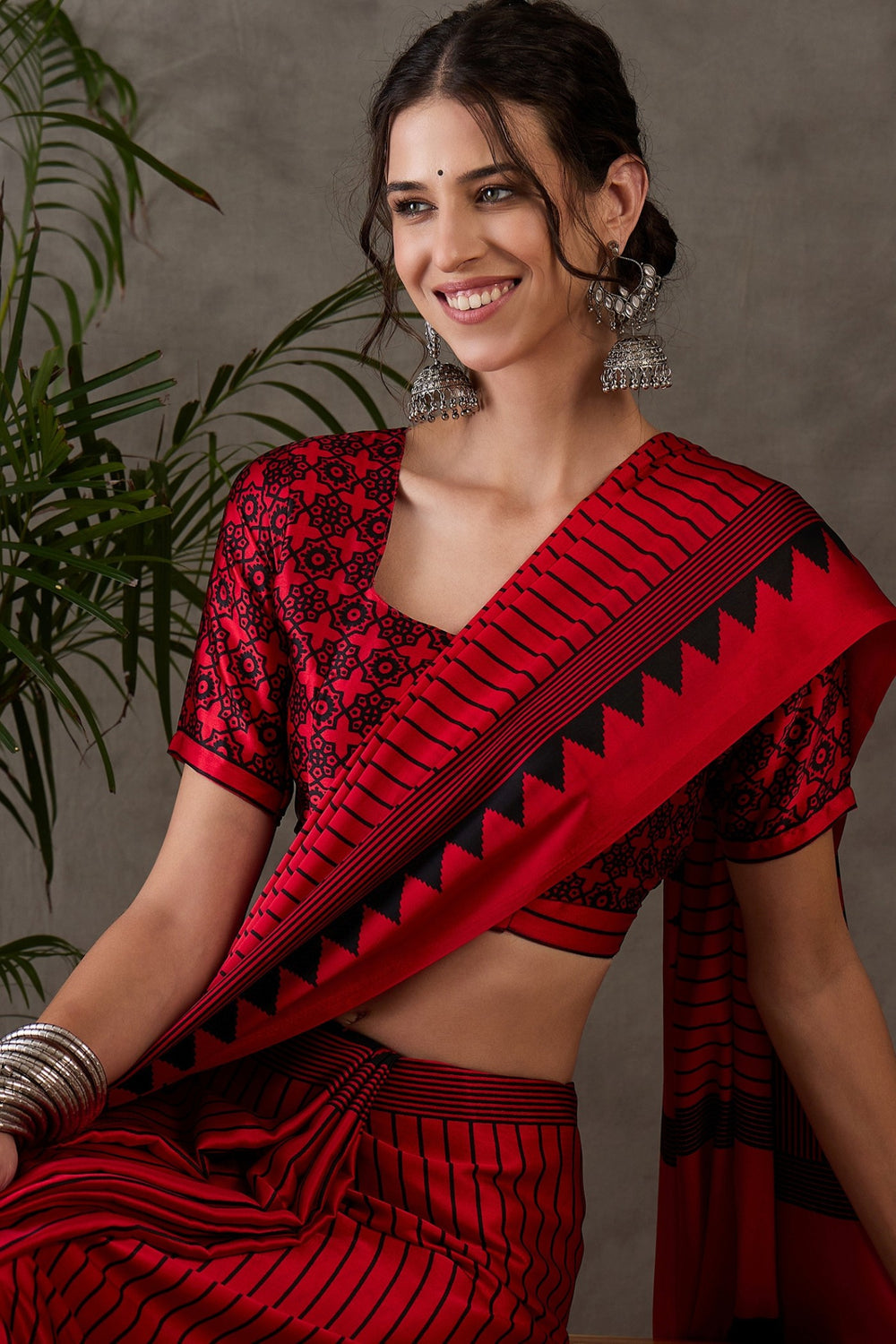 Rose Red Printed Satin Gaji Silk Saree 