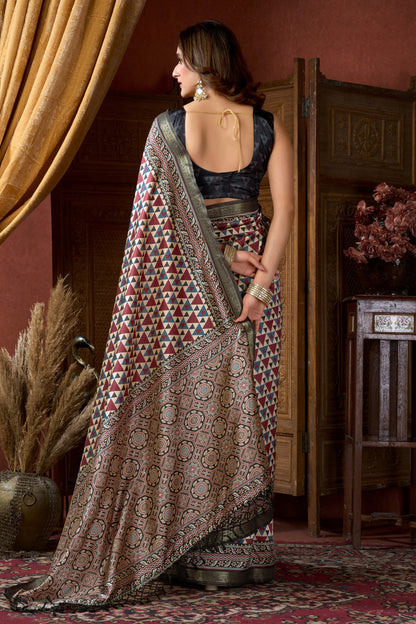 Multicolor White Pure Cluster Silk Ajarkh Digital Printed Saree 