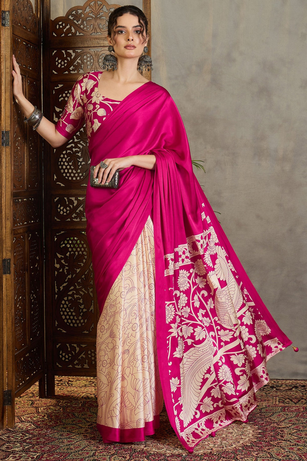 Pink Kalamkari Printed Satin Silk Saree ##color## Floral Printed Saree with premium fabric and embroidery