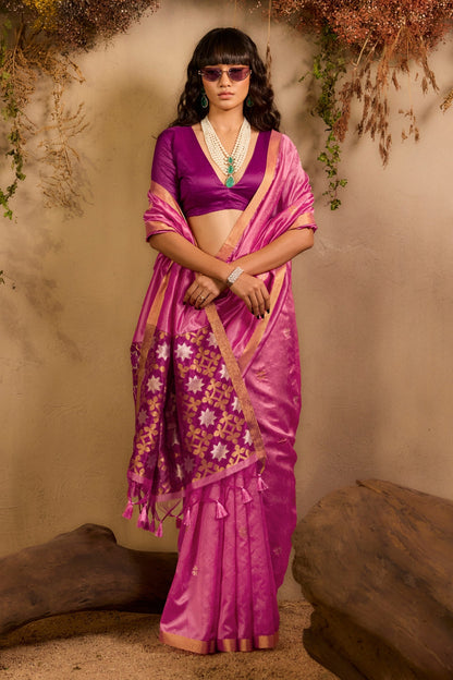 Pink Pure Tussar Handloom Silk Saree 