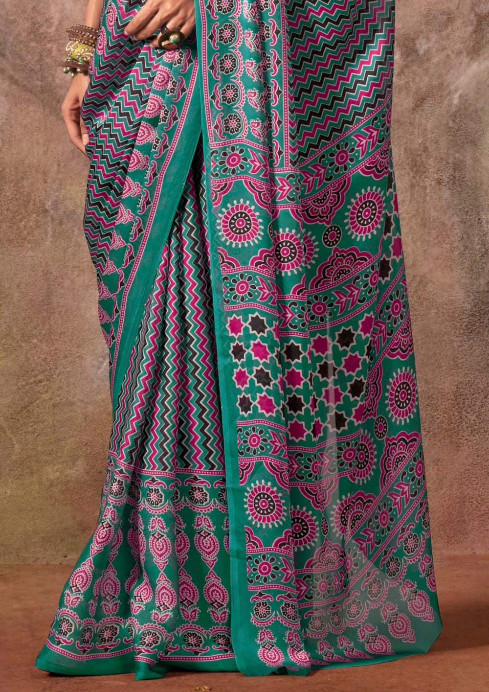 Green Ajrakh Printed Satin Georgette Silk Saree 