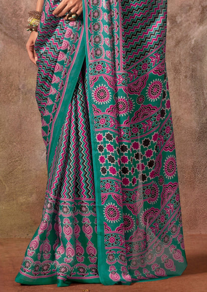 Green Ajrakh Printed Satin Georgette Silk Saree 