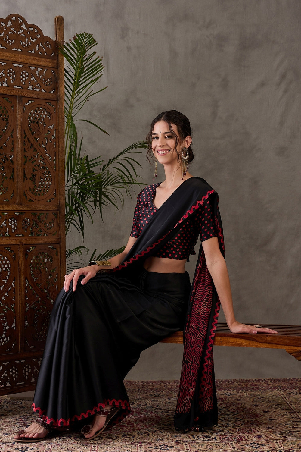 Black Pure Gaji Silk Satin Printed Saree 