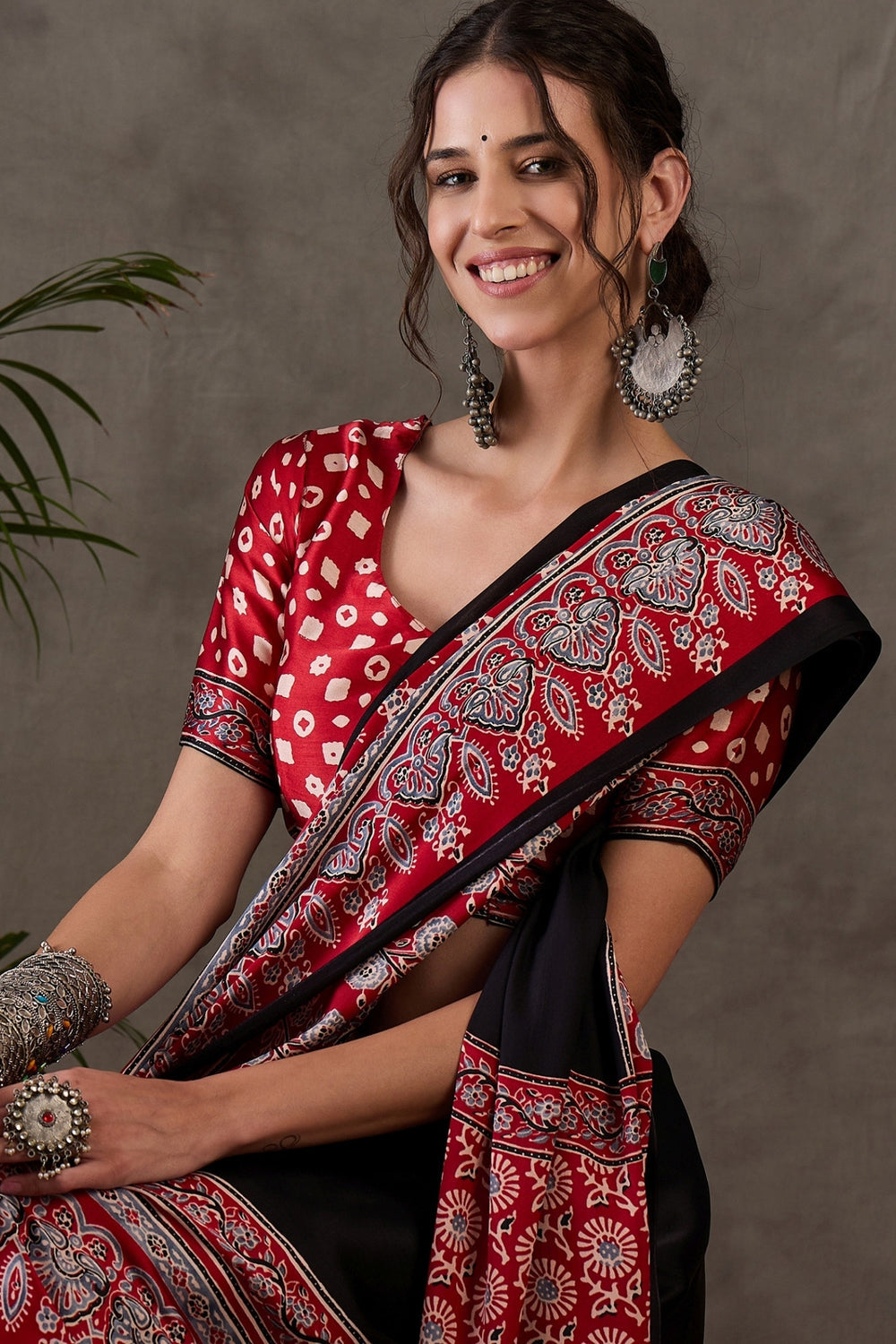 Black Pure Soft Modal Satin Ajrakh Print Satin Saree Japan Satin Saree Anant Tex Exports Pvt.Ltd..