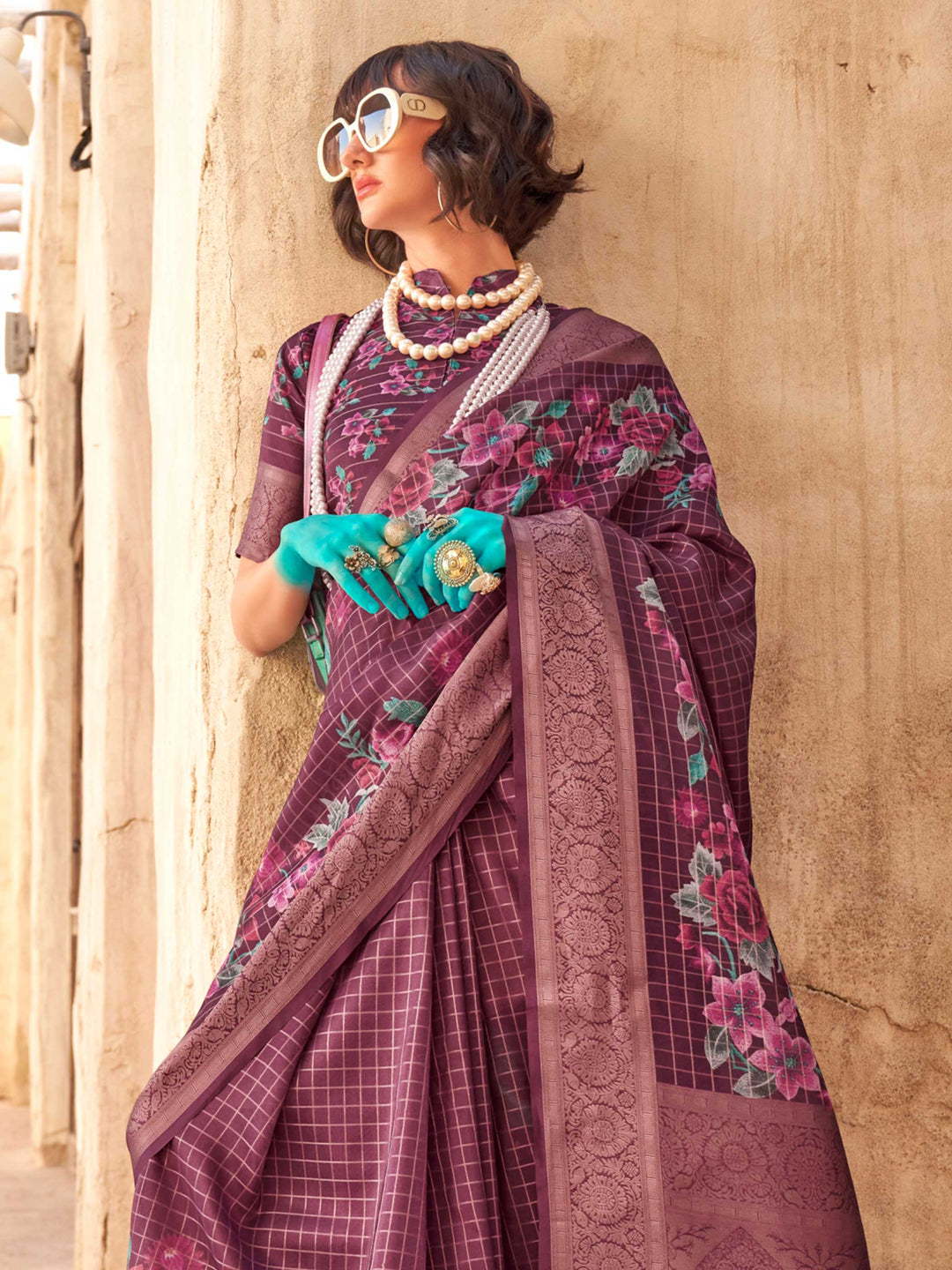 Purple Soft Georgette Floral Printed Saree