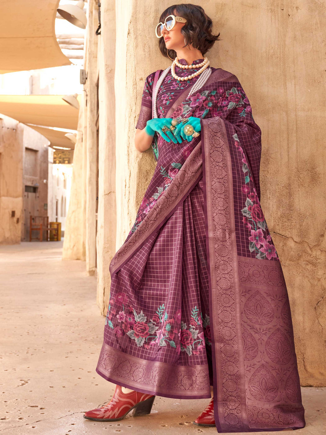 Purple Soft Georgette Floral Printed Saree