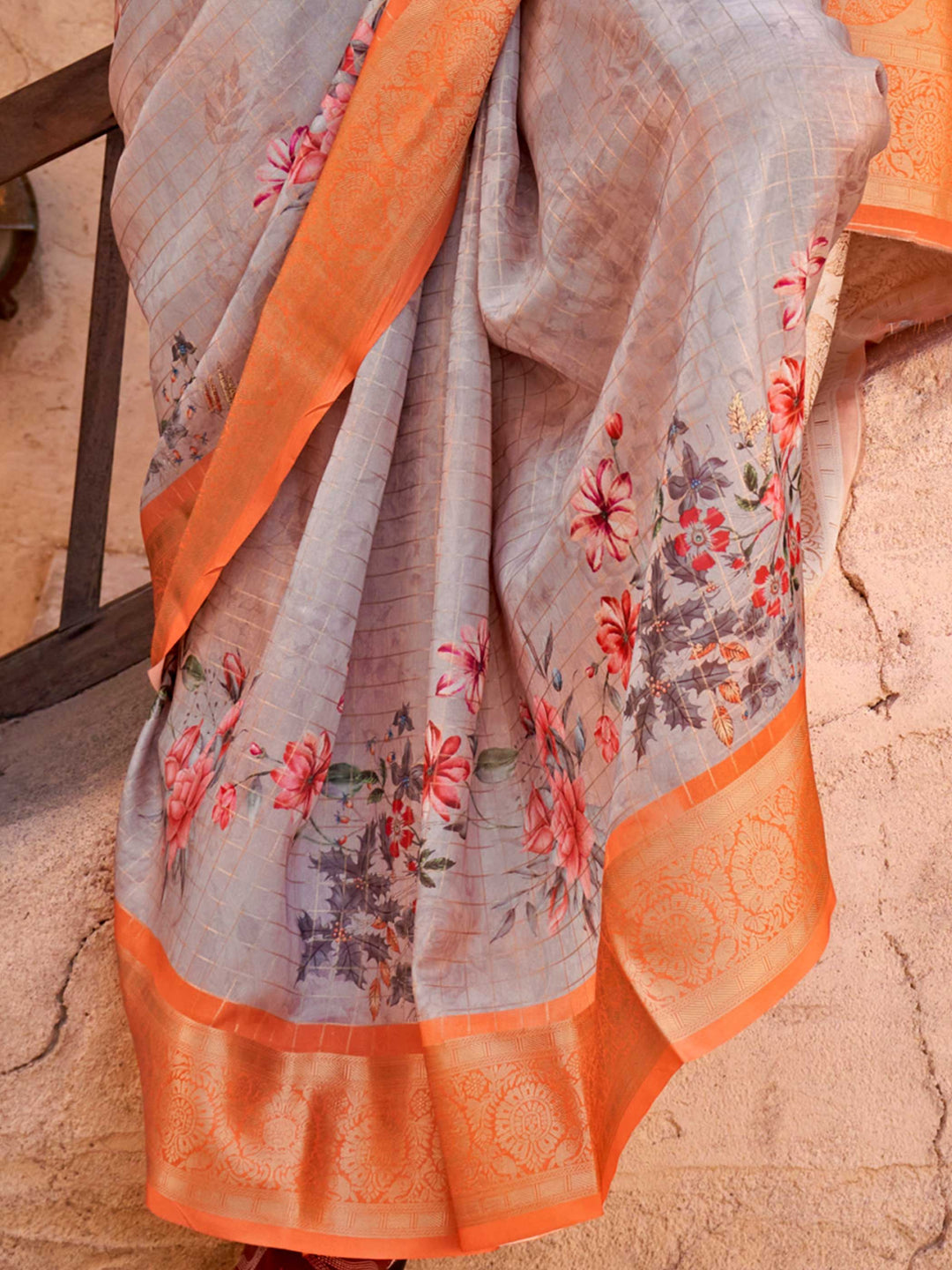 Grey Soft Georgette Floral Printed Saree