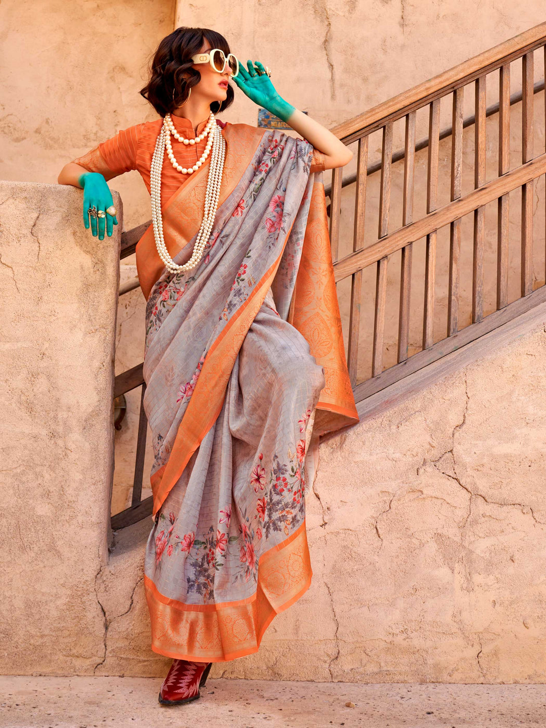 Grey Soft Georgette Floral Printed Saree