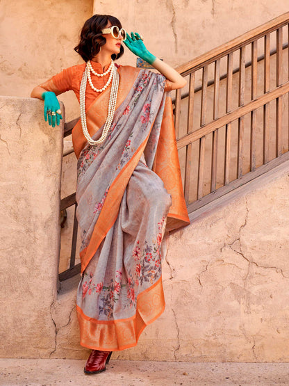Grey Soft Georgette Floral Printed Saree Georgette Saree Anant Tex Exports Pvt.Ltd..