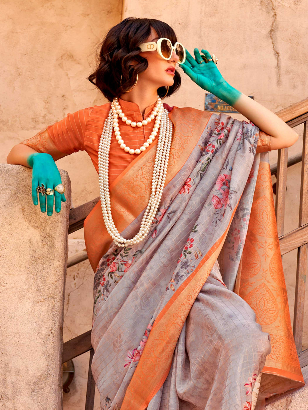 Grey Soft Georgette Floral Printed Saree