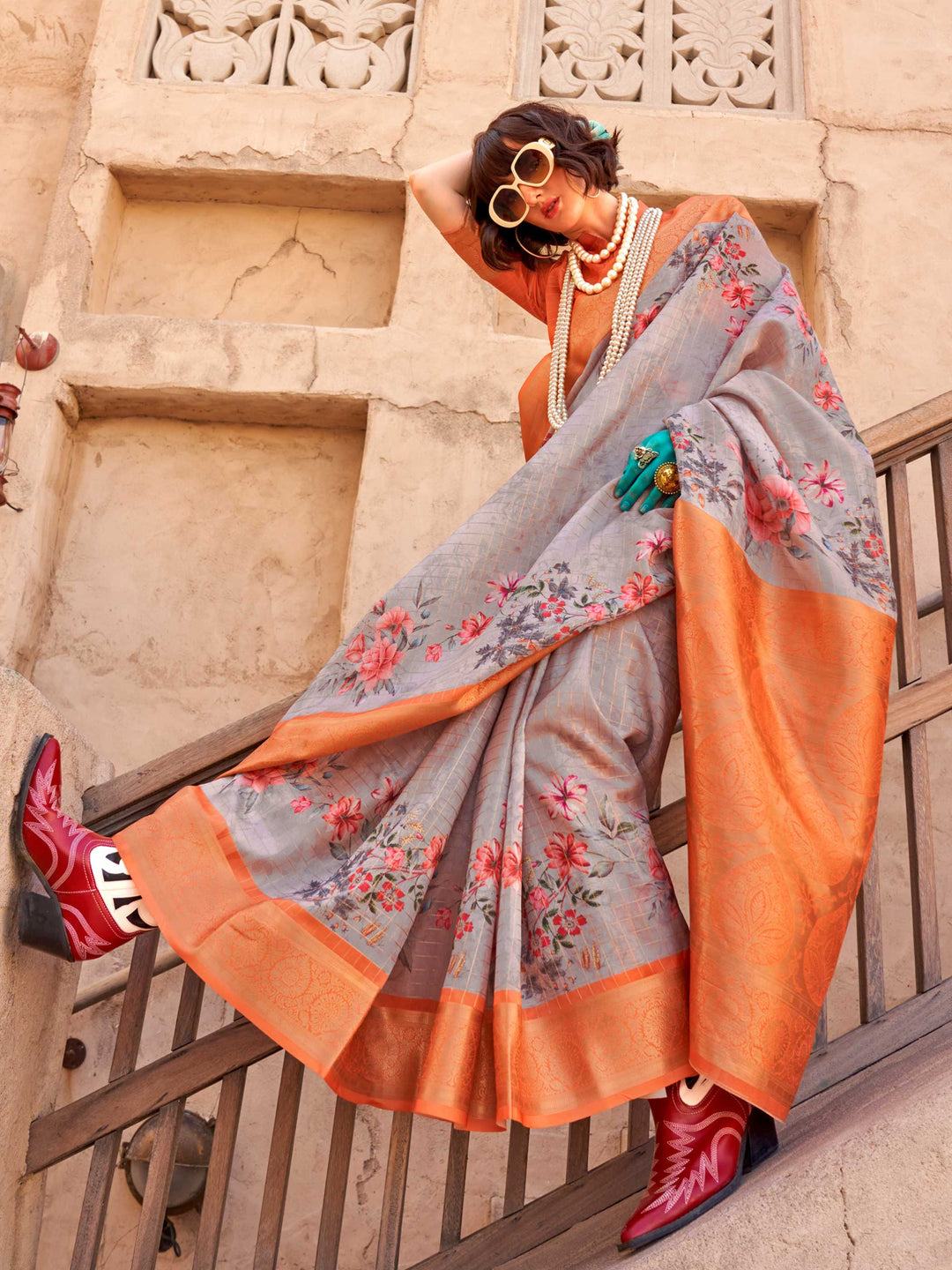 Grey Soft Georgette Floral Printed Saree