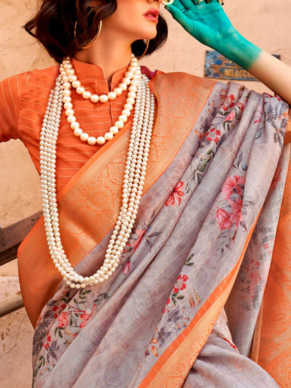 Grey Soft Georgette Floral Printed Saree Georgette Saree Anant Tex Exports Pvt.Ltd..