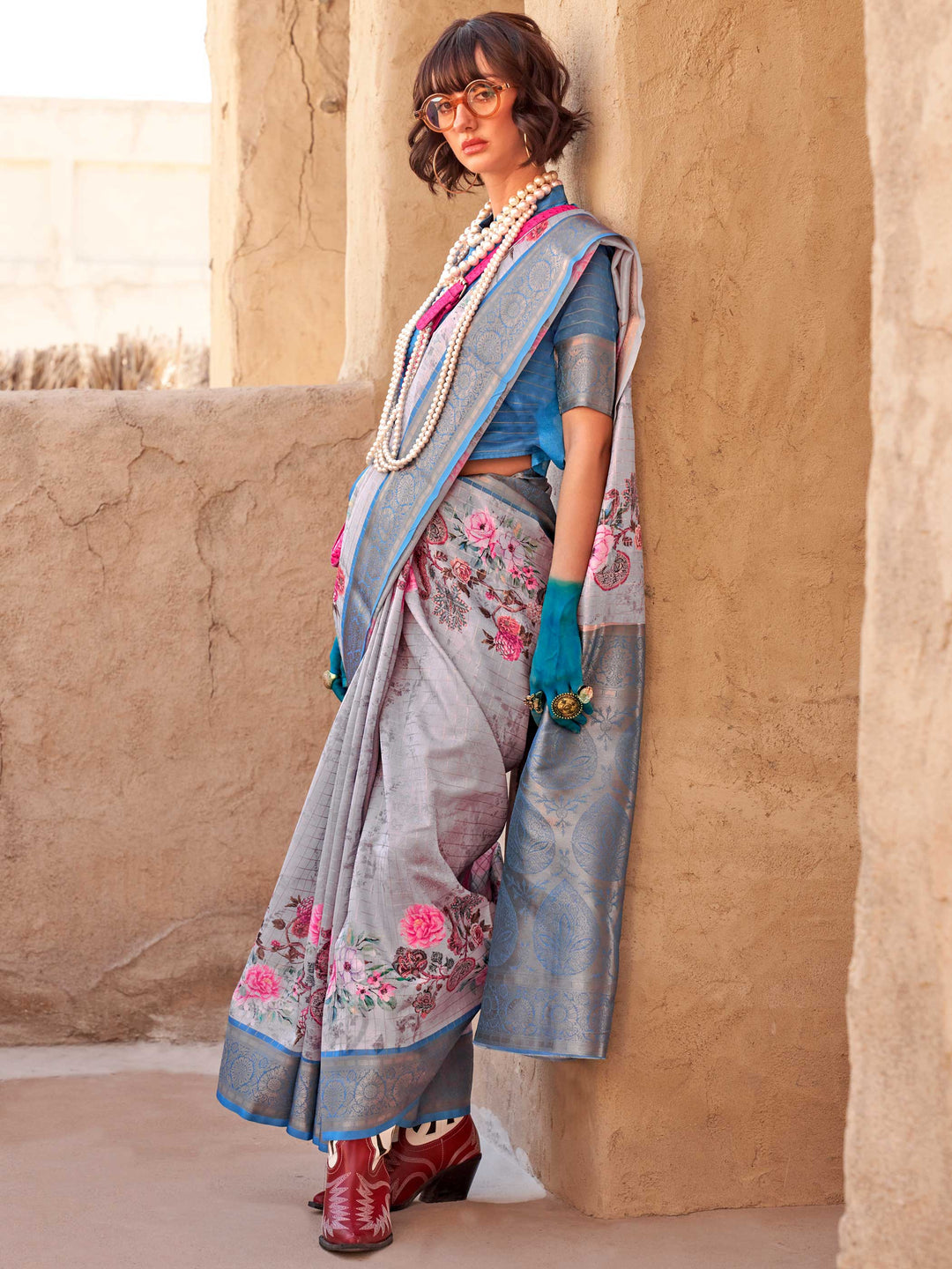 Blue Soft Georgette Floral Printed Saree