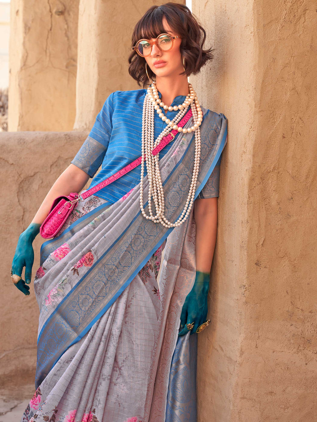 Blue Soft Georgette Floral Printed Saree