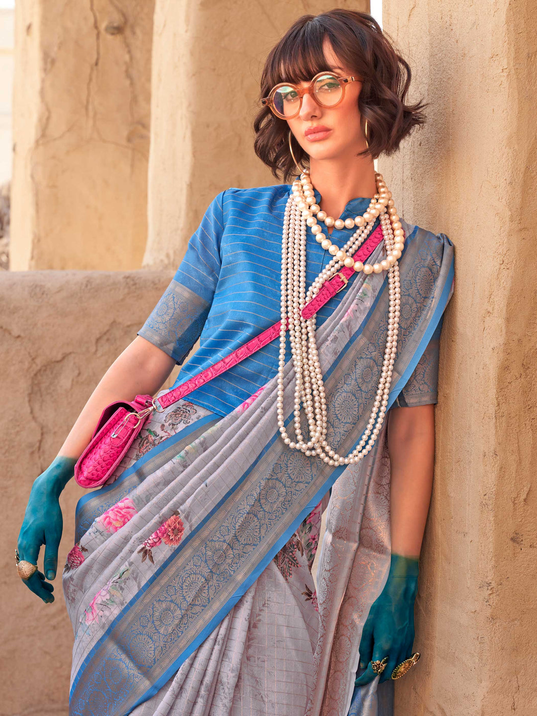 Blue Soft Georgette Floral Printed Saree