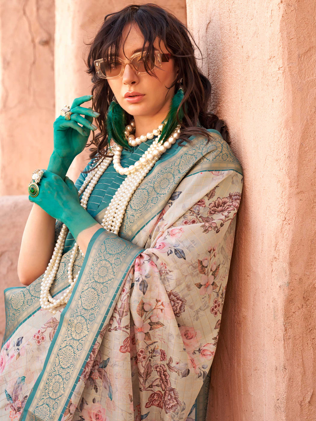 Beige Soft Georgette Floral Printed Saree Georgette Saree Anant Tex Exports Pvt.Ltd..