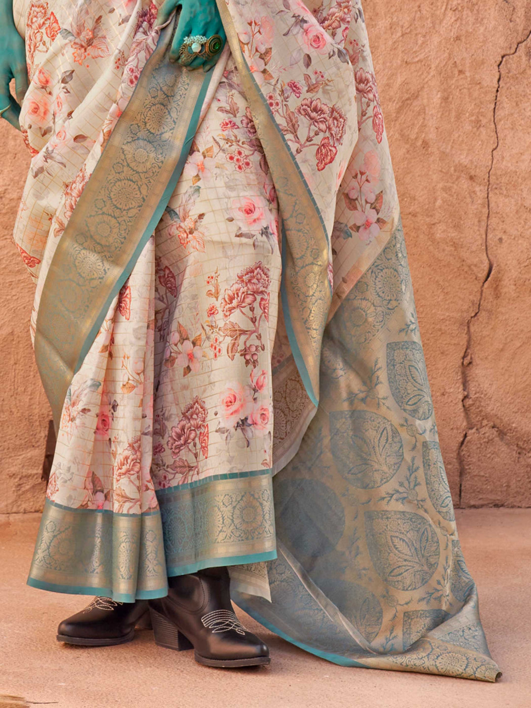 Beige Soft Georgette Floral Printed Saree