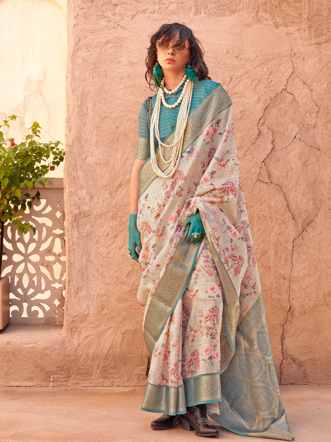 Beige Soft Georgette Floral Printed Saree