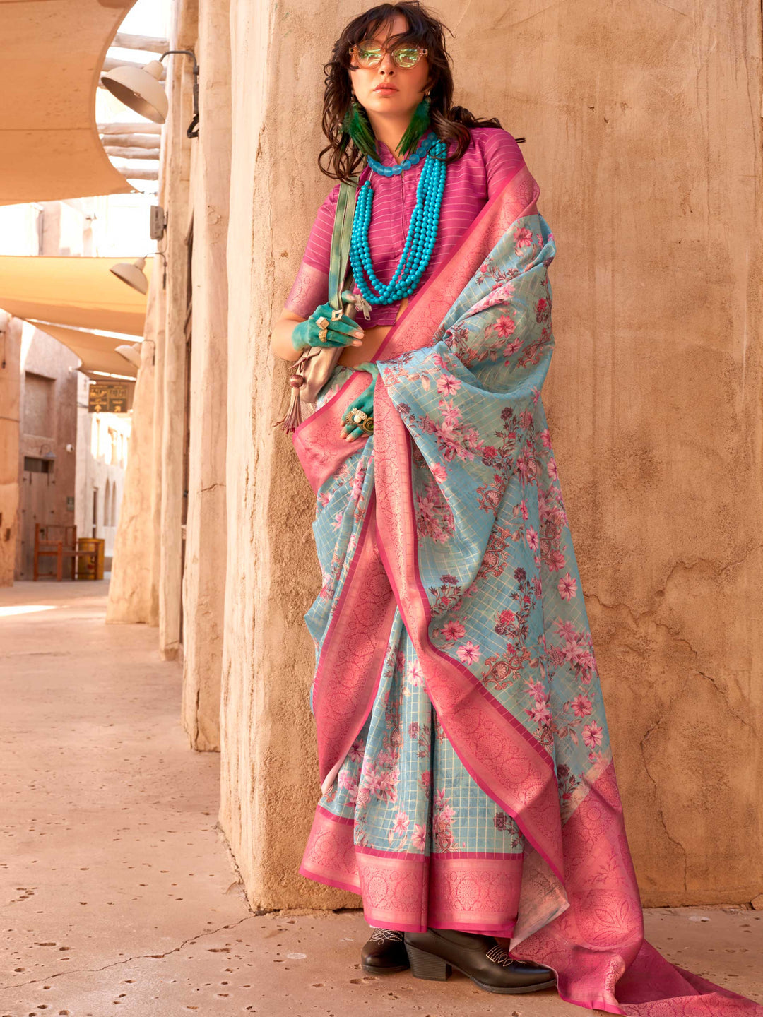 Blue Soft Georgette Floral Printed Saree