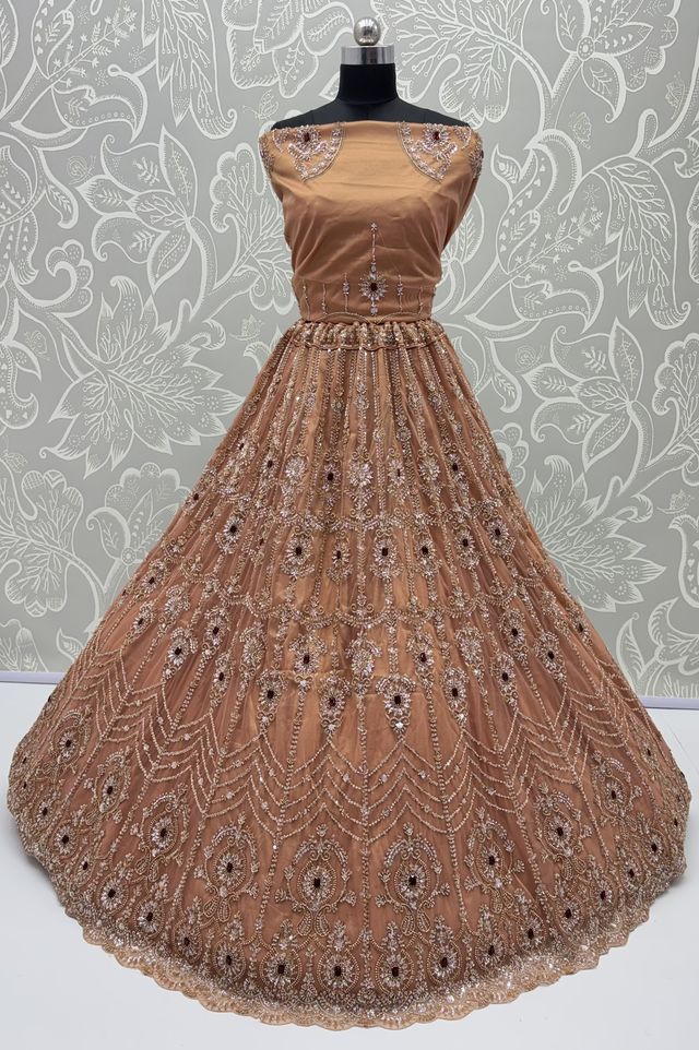 Peach Pure  Fendi Tussaud Silk Crystal Beads work Multi Thread Dori and Sequins Work Sequins Work Bridal Lehenga Choli