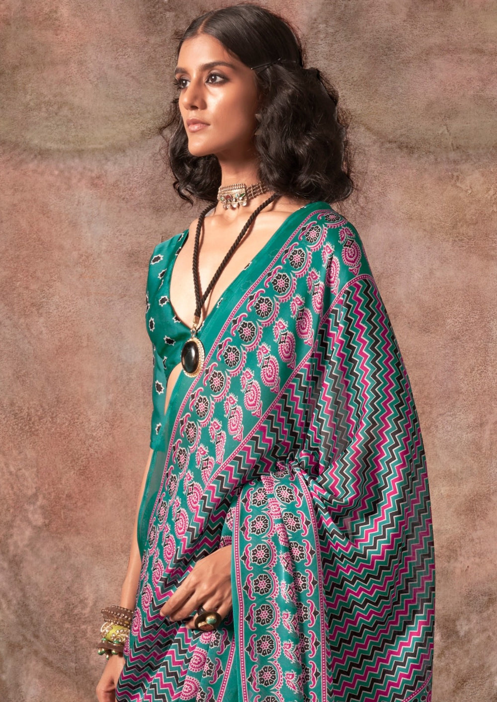 Green Ajrakh Printed Satin Georgette Silk Saree 