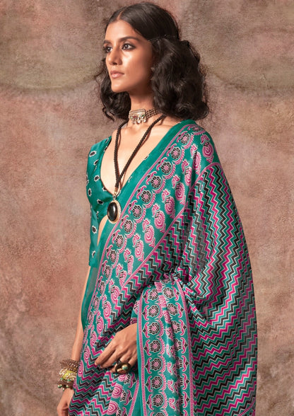 Green Ajrakh Printed Satin Georgette Silk Saree 