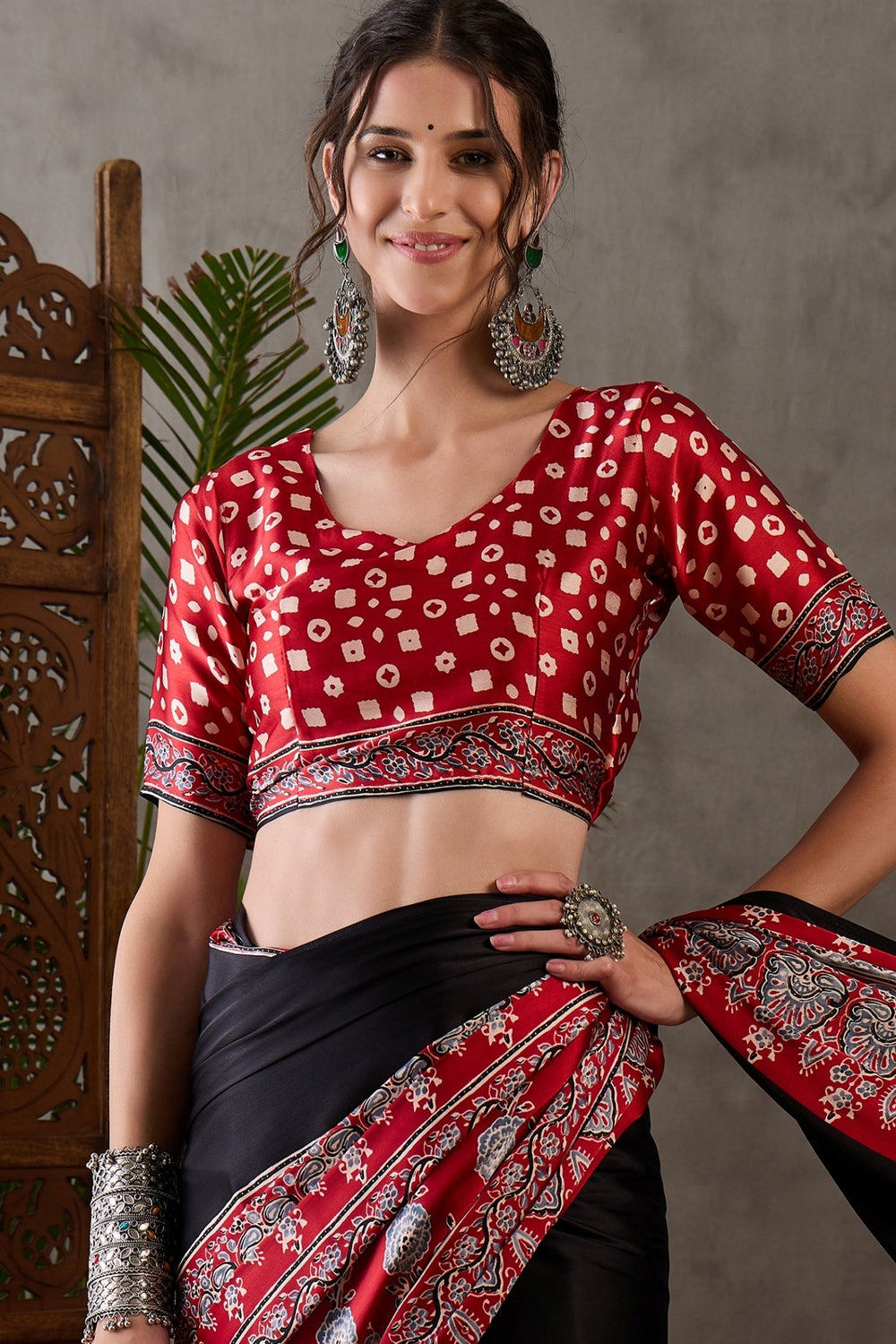 Black Pure Soft Modal Satin Ajrakh Print Satin Saree