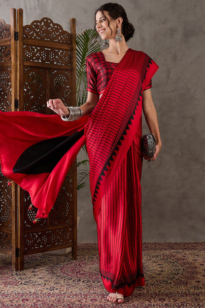 Rose Red Printed Satin Gaji Silk Saree 
