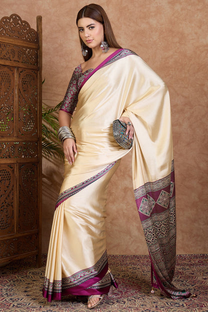 Cream and Purple Pure Soft Modal Satin Ajrakh Print Satin Saree Japan Satin Saree Anant Tex Exports Pvt.Ltd..