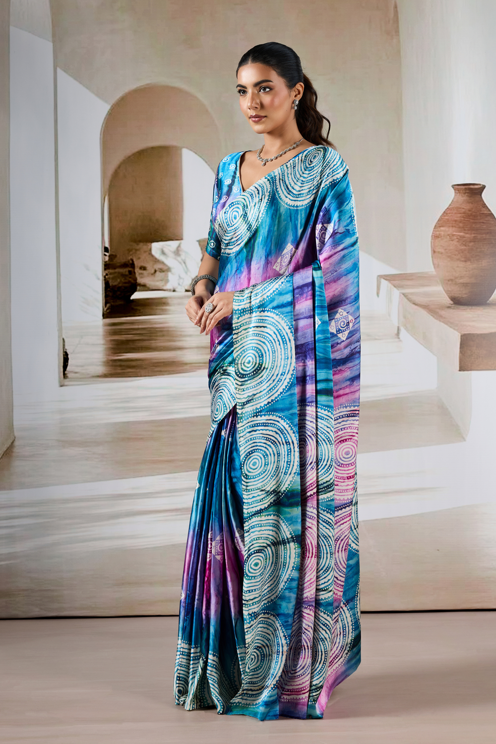 Blue Modal Satin Hand Prism Print Saree 