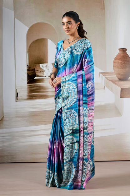 Blue Modal Satin Hand Prism Print Saree 