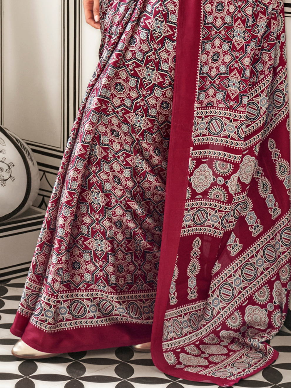 Ajrakh Print Japan Crape Saree