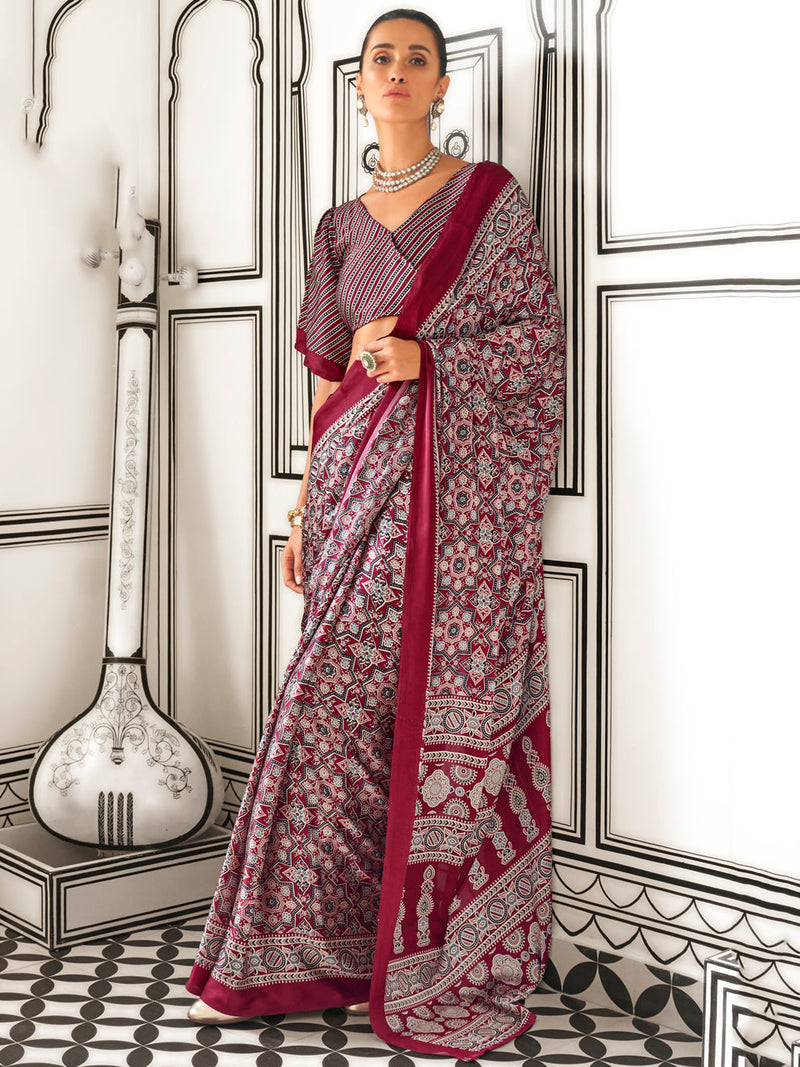 Ajrakh Print Japan Crape Saree