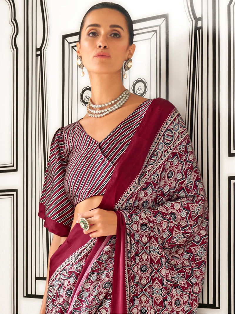 Ajrakh Print Japan Crape Saree