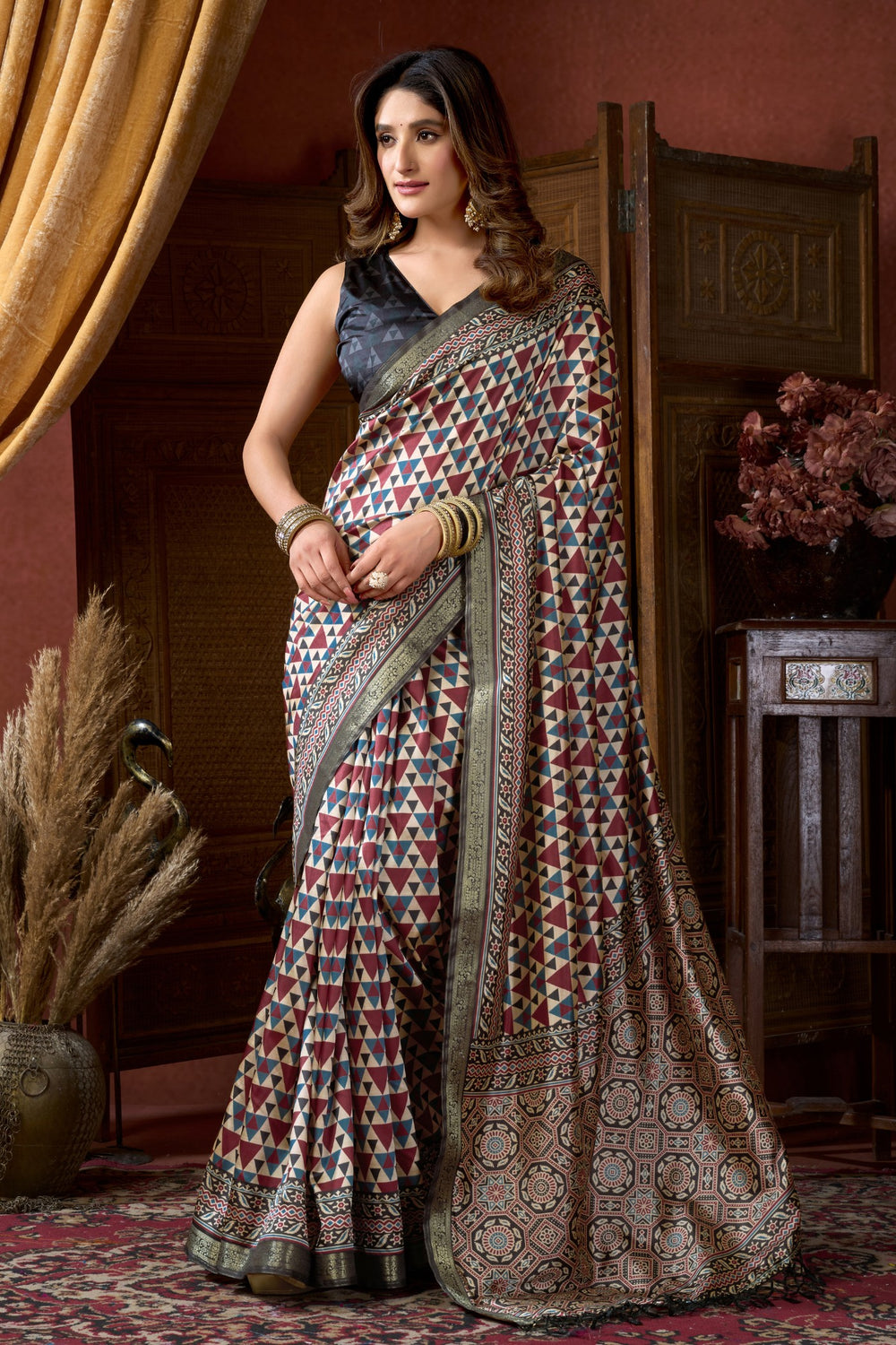 Multicolor White Pure Cluster Silk Ajarkh Digital Printed Saree 