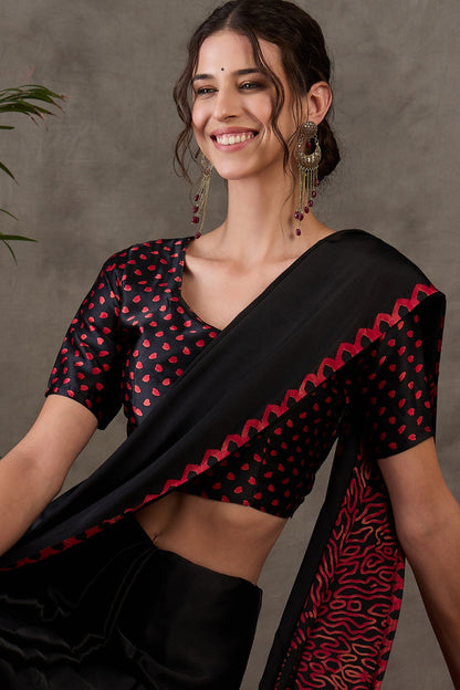 Black Pure Gaji Silk Satin Printed Saree 