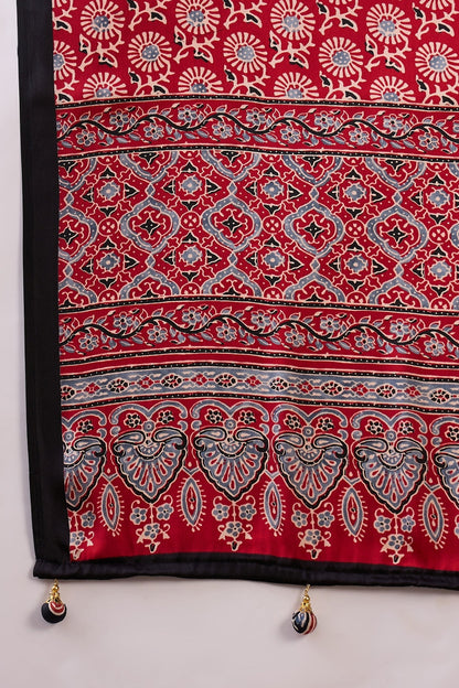 Black Pure Soft Modal Satin Ajrakh Print Satin Saree Japan Satin Saree Anant Tex Exports Pvt.Ltd..