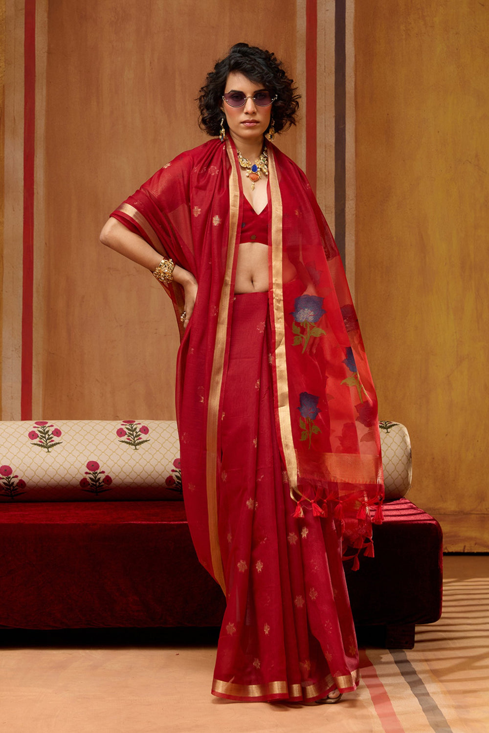 Red Pure Soft Moonga Cotton Handloom Saree