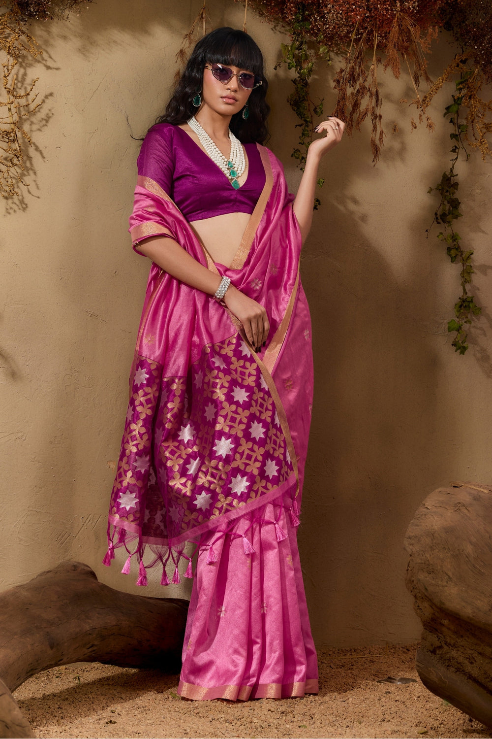 Pink Pure Tussar Handloom Silk Saree 